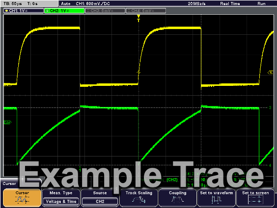 Waveforms on Rohde &amp; Schwarz Oscilloscope at test points 1 and 2.