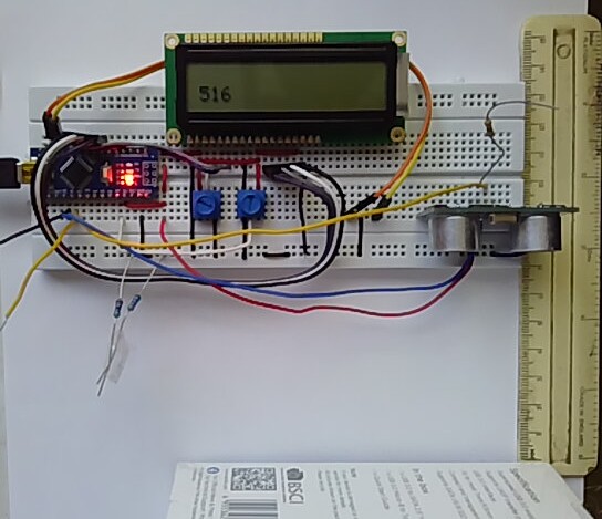 A prototype of an ultrasonic range finder built with an Arduino nano and ultrasonic module.