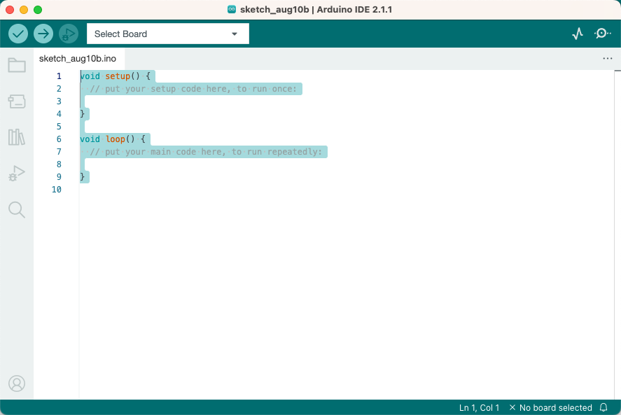 A screenshot of the Arduino IDE when first opened showing the 'setup' and 'loop' functions.