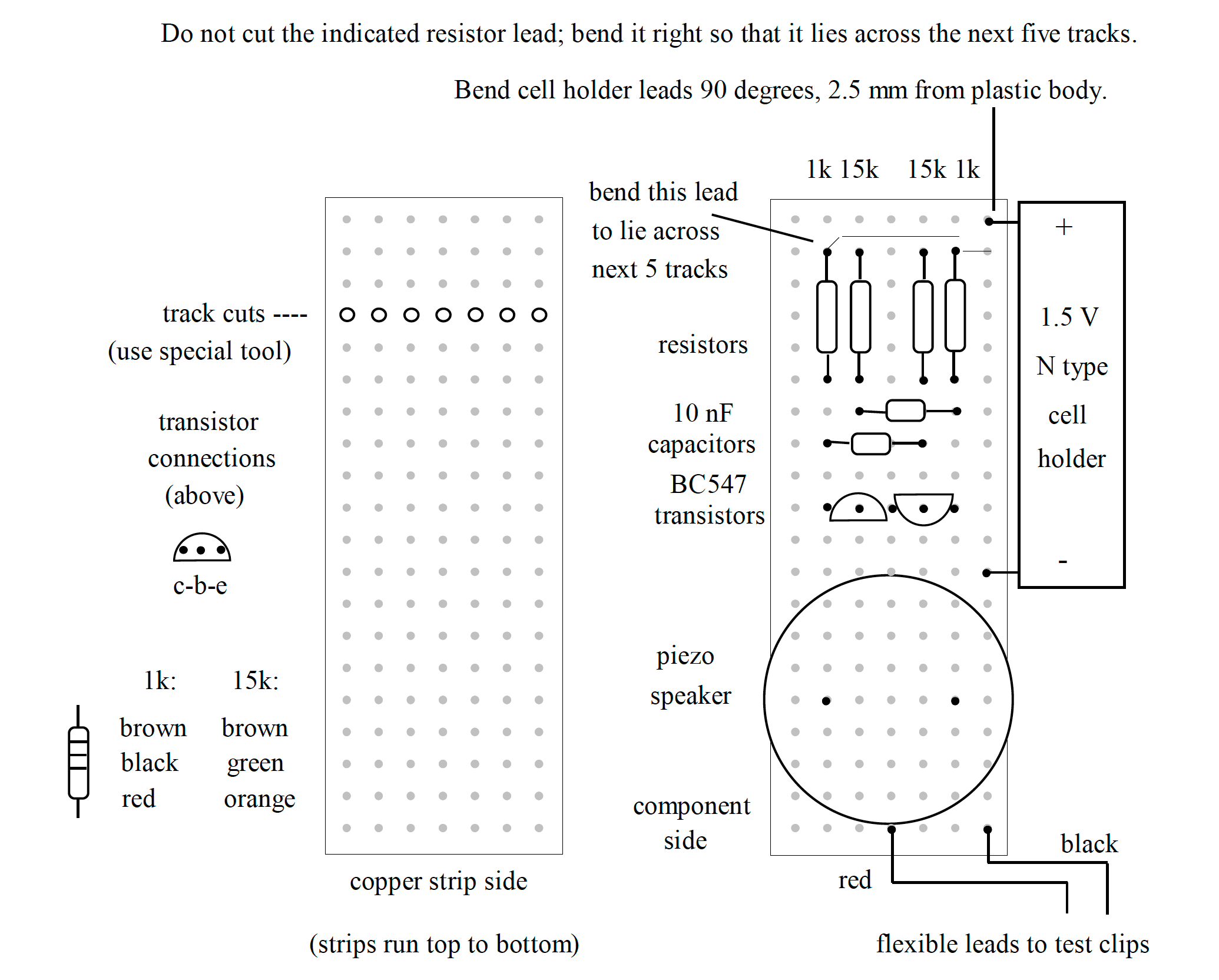 Construction of the continuity tester on stripboard.