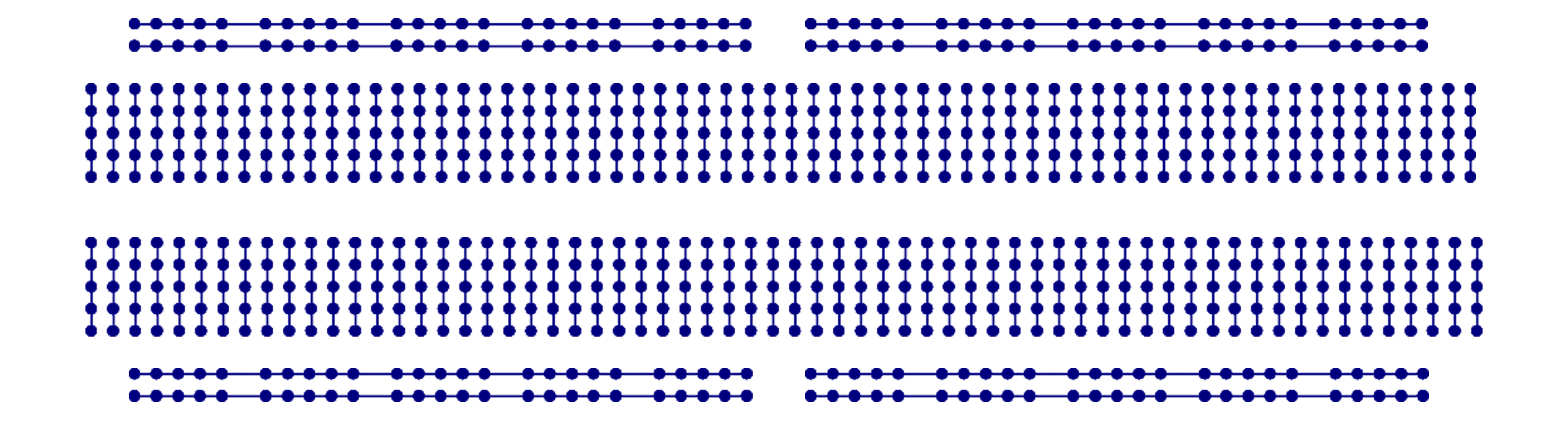 An x-ray view of the plug-in breadboard illustrates how the plugs are electrically interconnected.