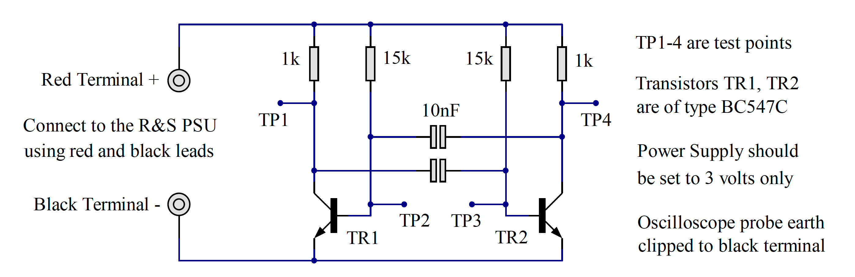 The circuit diagram of the oscillator which is to be constructed and tested in this laboratory exercise.