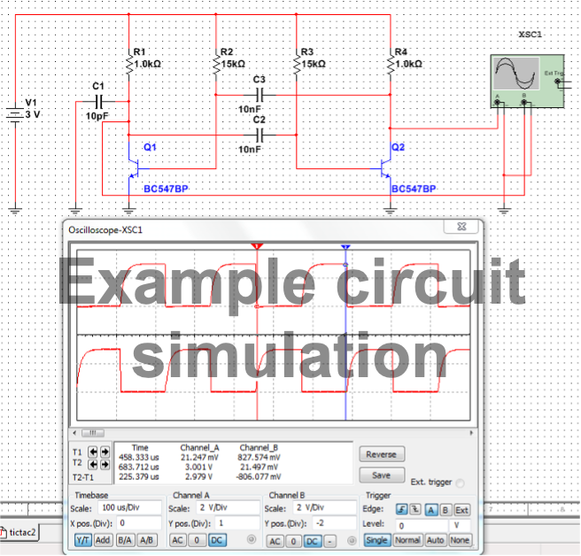 The completed circuit and oscilloscope display as they should appear when the simulation is run.