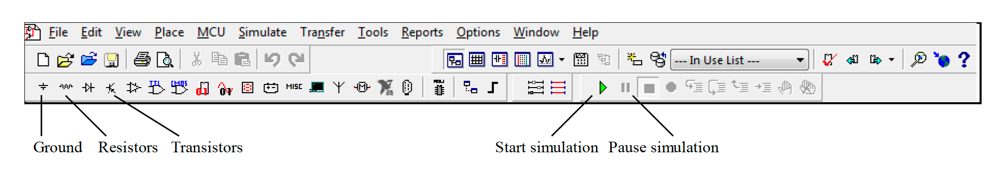 The Multisim toolbar with the key controls.