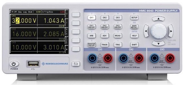 A photograph of the Rohde & Schwartz HMC 8043 Triple-Output Power Supply.