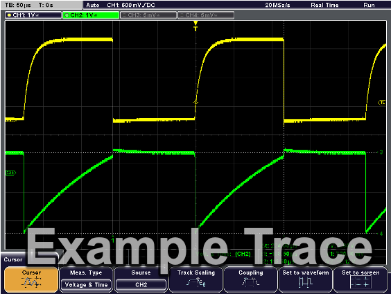 Waveforms on Rohde & Schwarz Oscilloscope at test points 1 and 2.