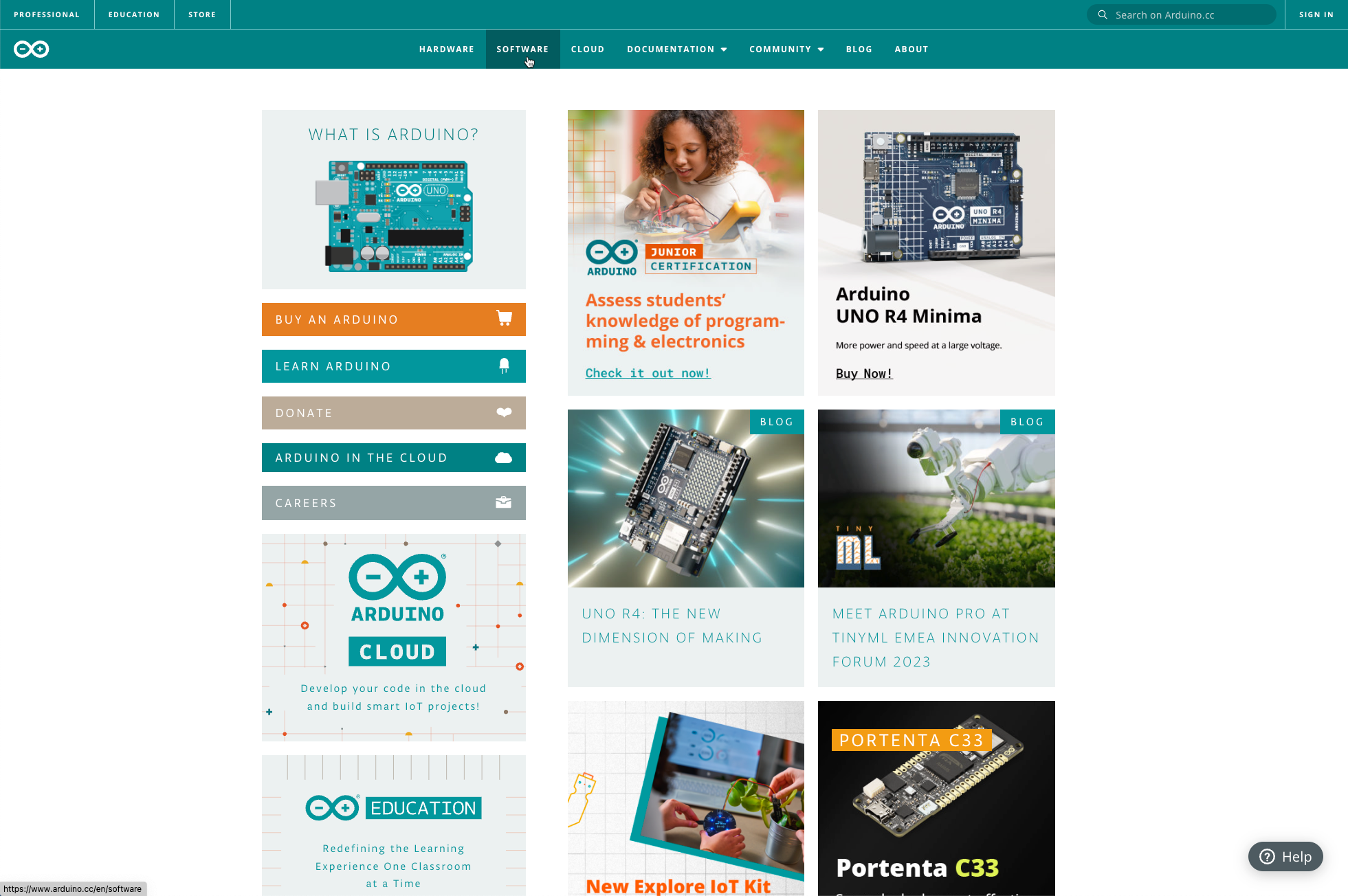 A screenshot of the web page arduino.cc with software selected in the page menu.