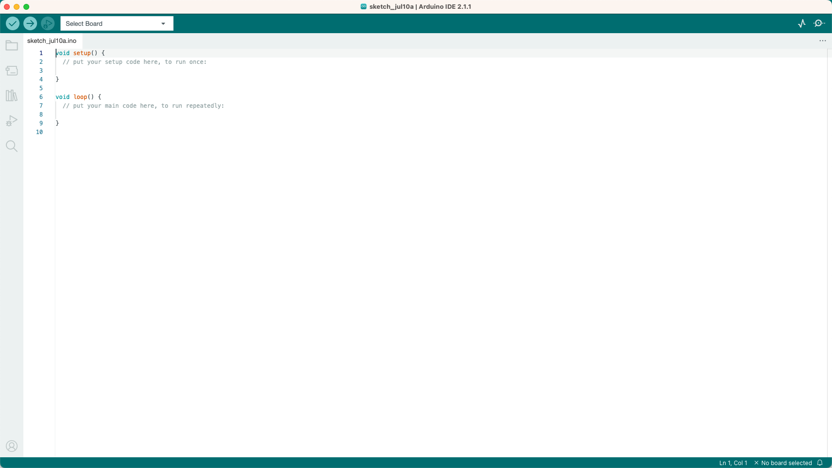 A screen shot of the Arduino IDE 2 as it appears on first start up.