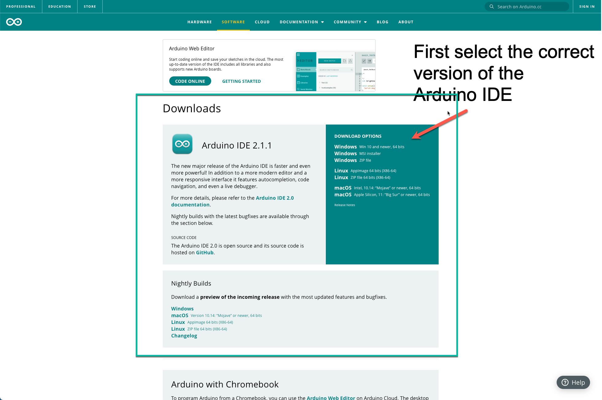 A screenshot of the software page on arduino.cc with downloads highlighted.