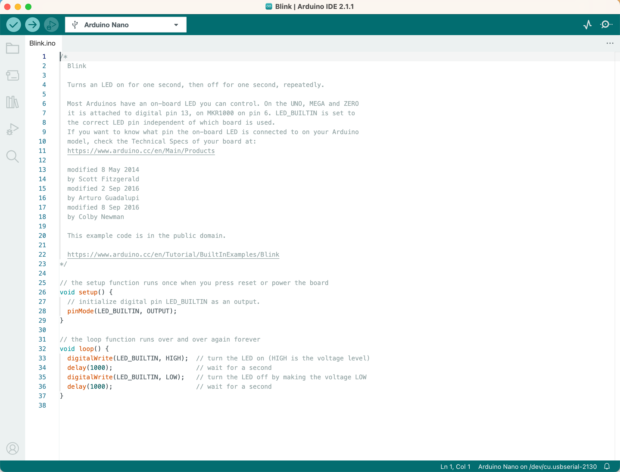 A screenshot the Arduino IDE 2 with the example blink program loaded as blinck.ino.