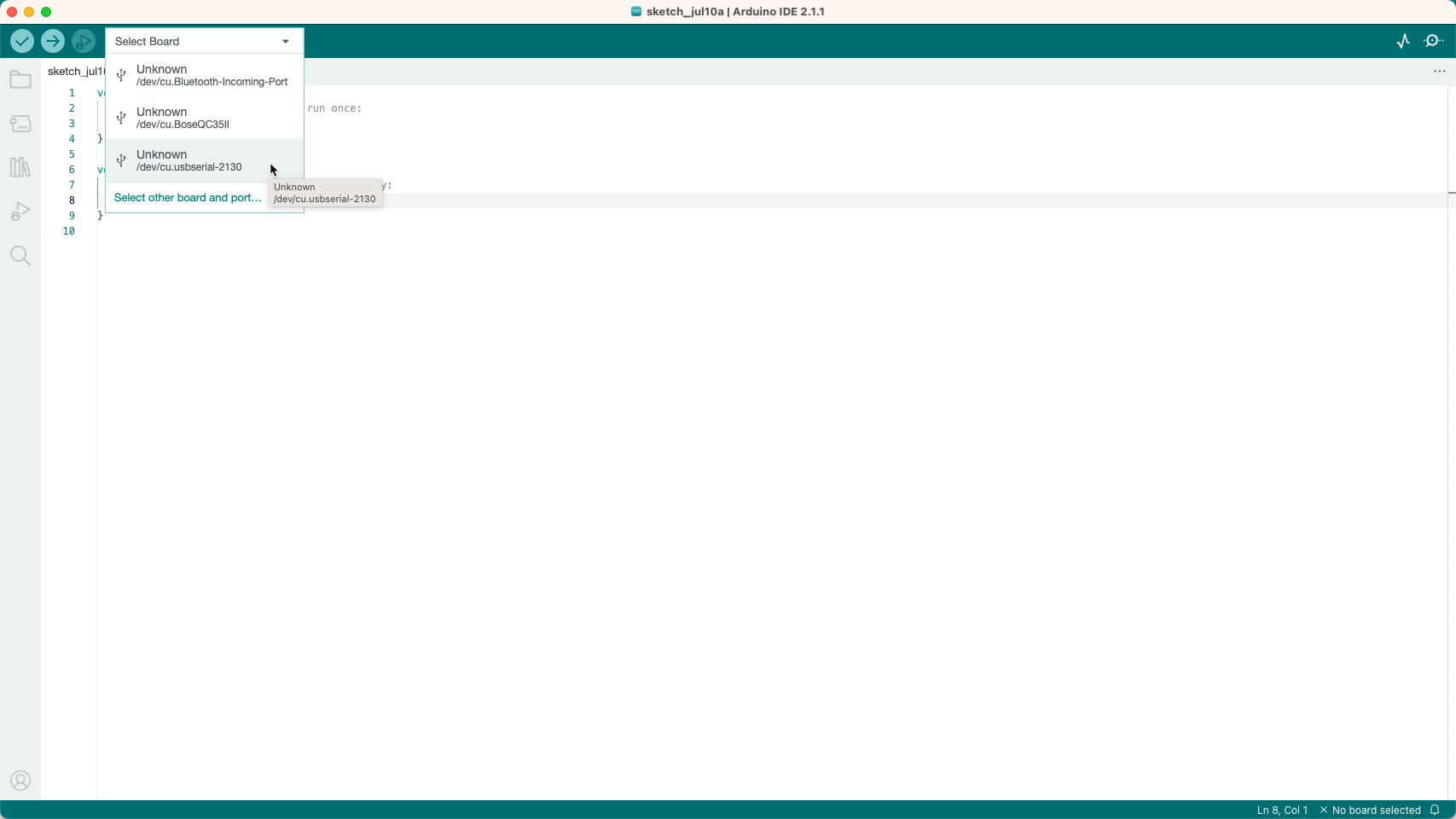 The select port dialogue when setting up the Arduino IDE 2 to use the plugged in Adrduiono nano board.