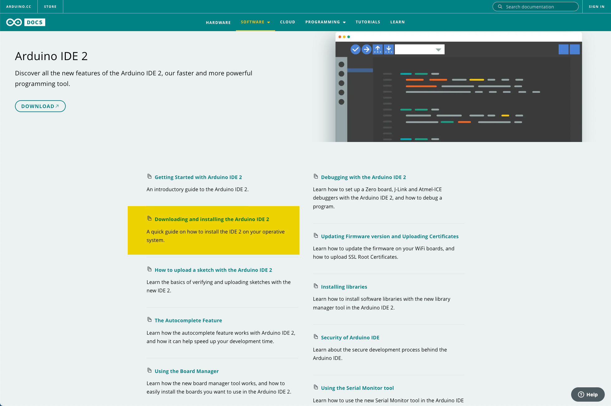 A screenshot of the Arduino IDE 2 page with the link to downloading and installing the Arduiono IDE 2 highlighted.