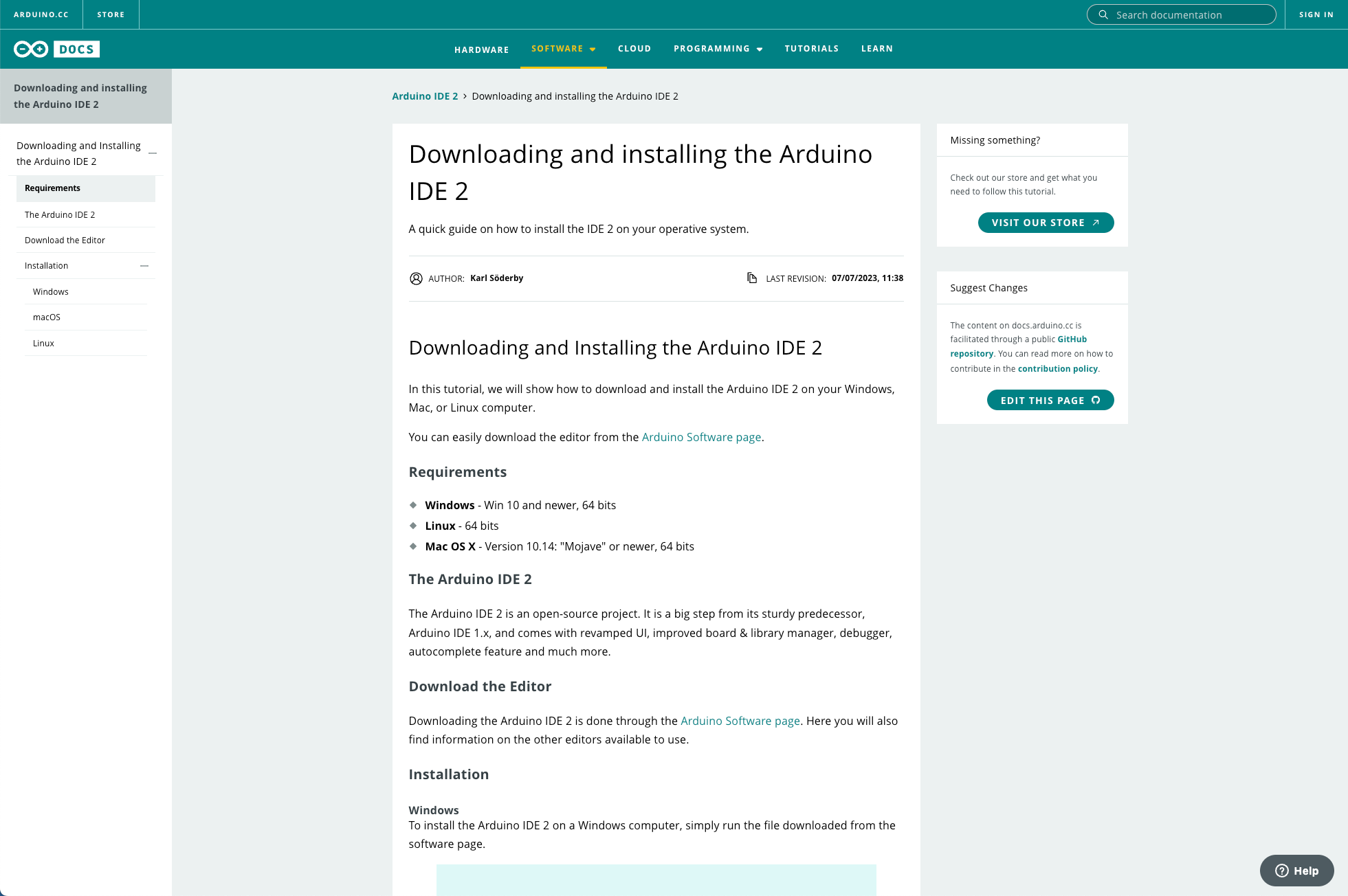 A screenshot of the Arduino IDE 2 downloading and installation instructions page.