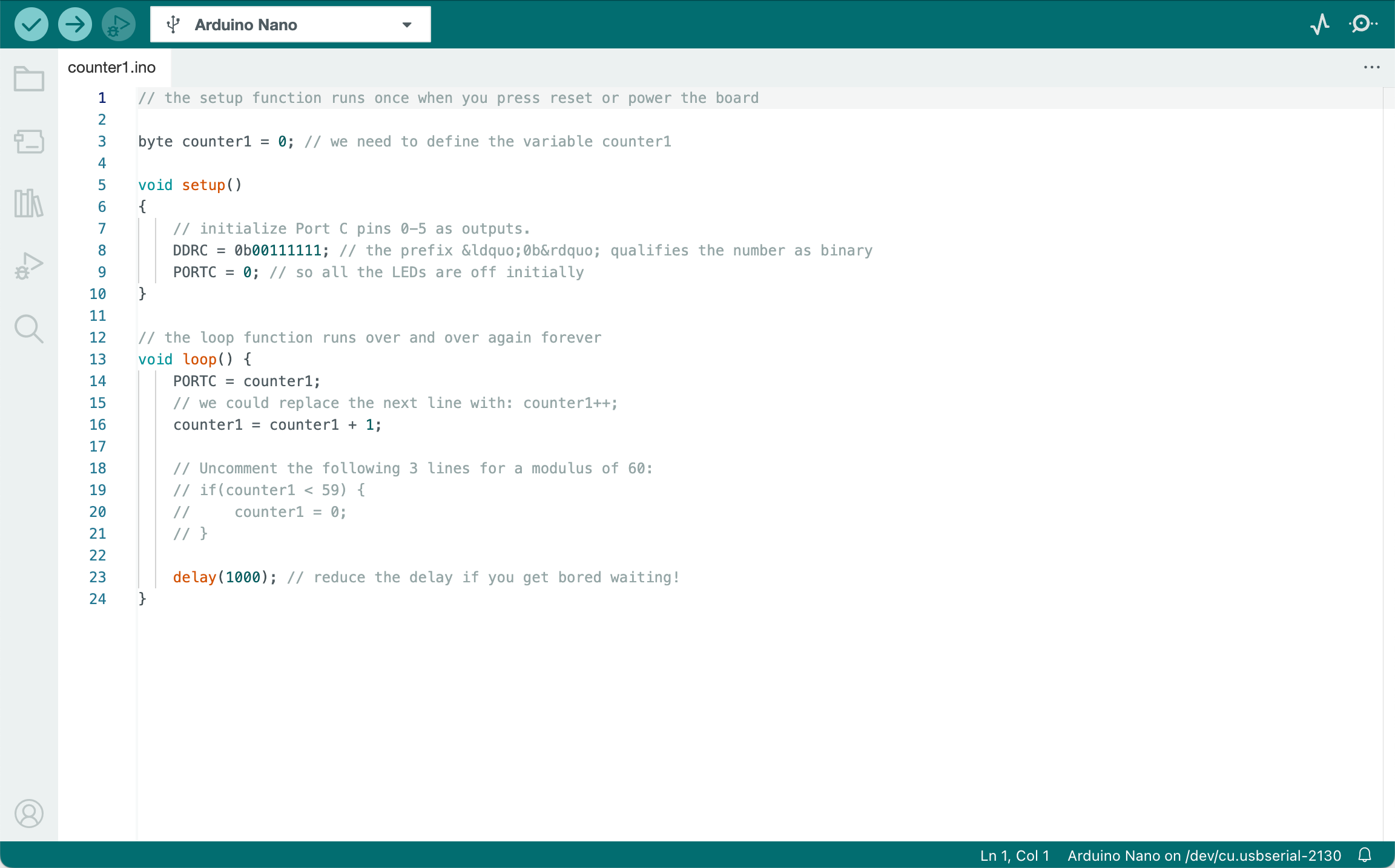 Screenshot of Arduino IDE 2 with the code for counter1 loaded and saved.