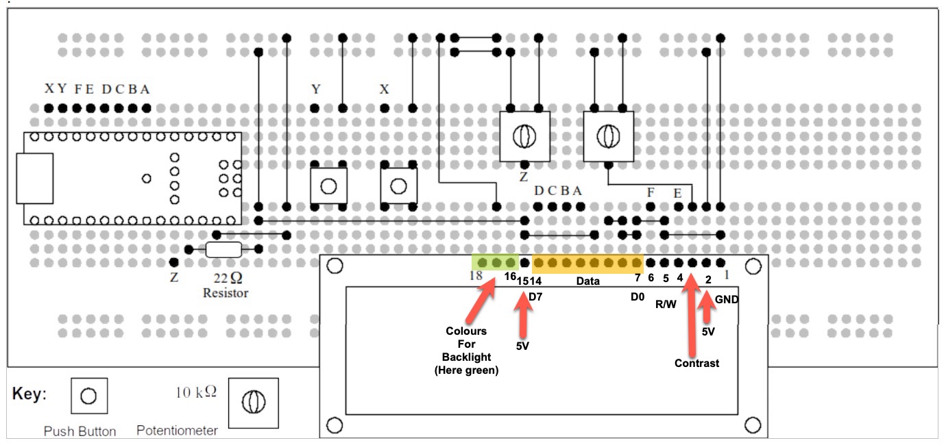 Diagram of breadboard with LCD display panel fitted.