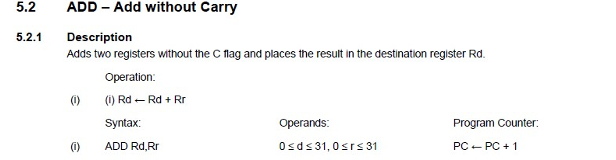 Add without carry instruction for the ATMega328.