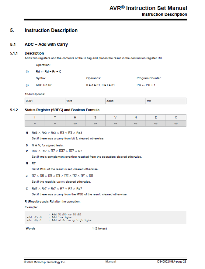 Example instruction showing how the status register is affected by the `ADC` (add with carry) instruction.