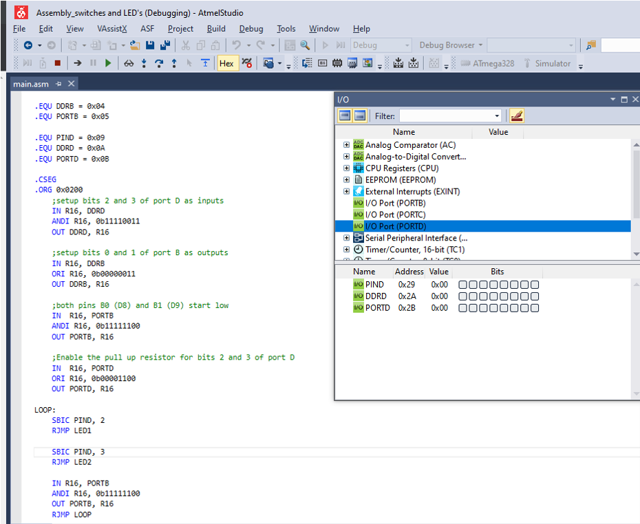 Screen shot of the Atmel IDE taken during the rehersal for the demo of I/O.