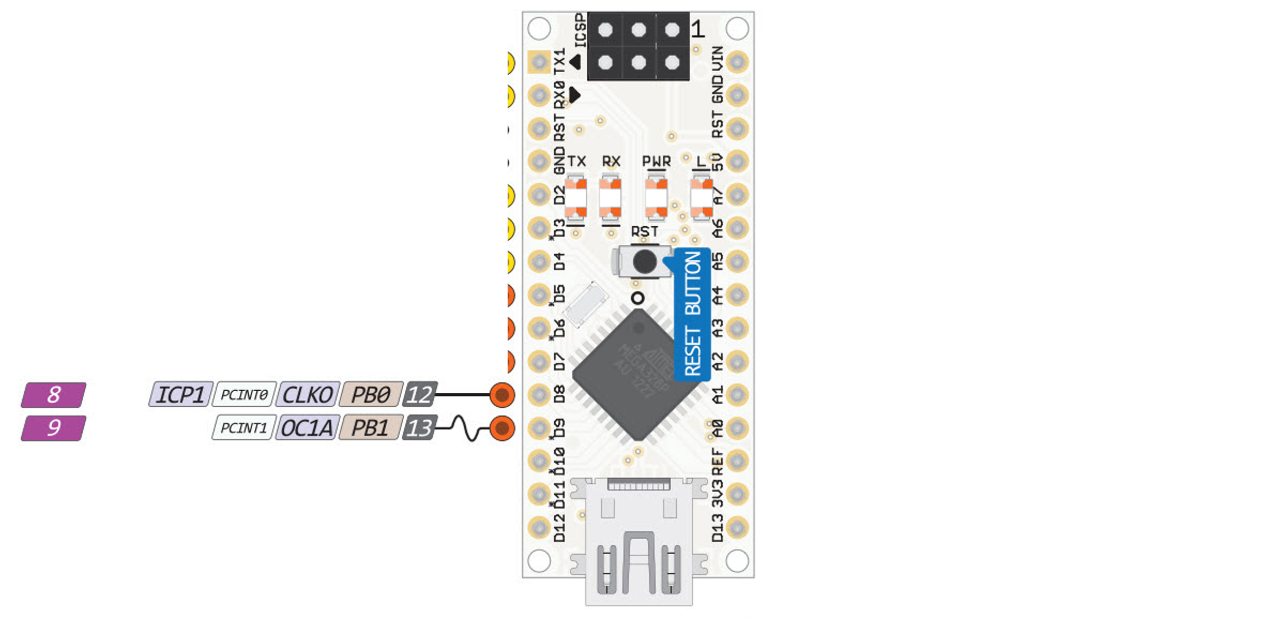 Schematic of Arduino nano board identifying pins D8 and D9.