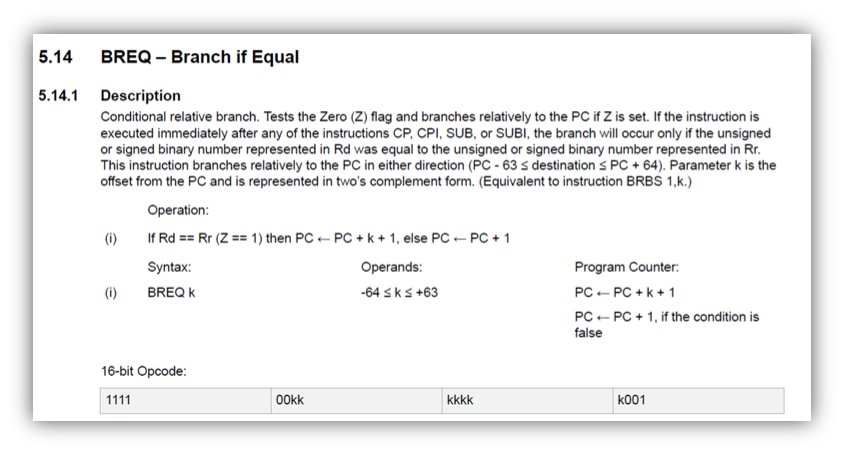 Documentation for the BREQ (branch if equal) operation.