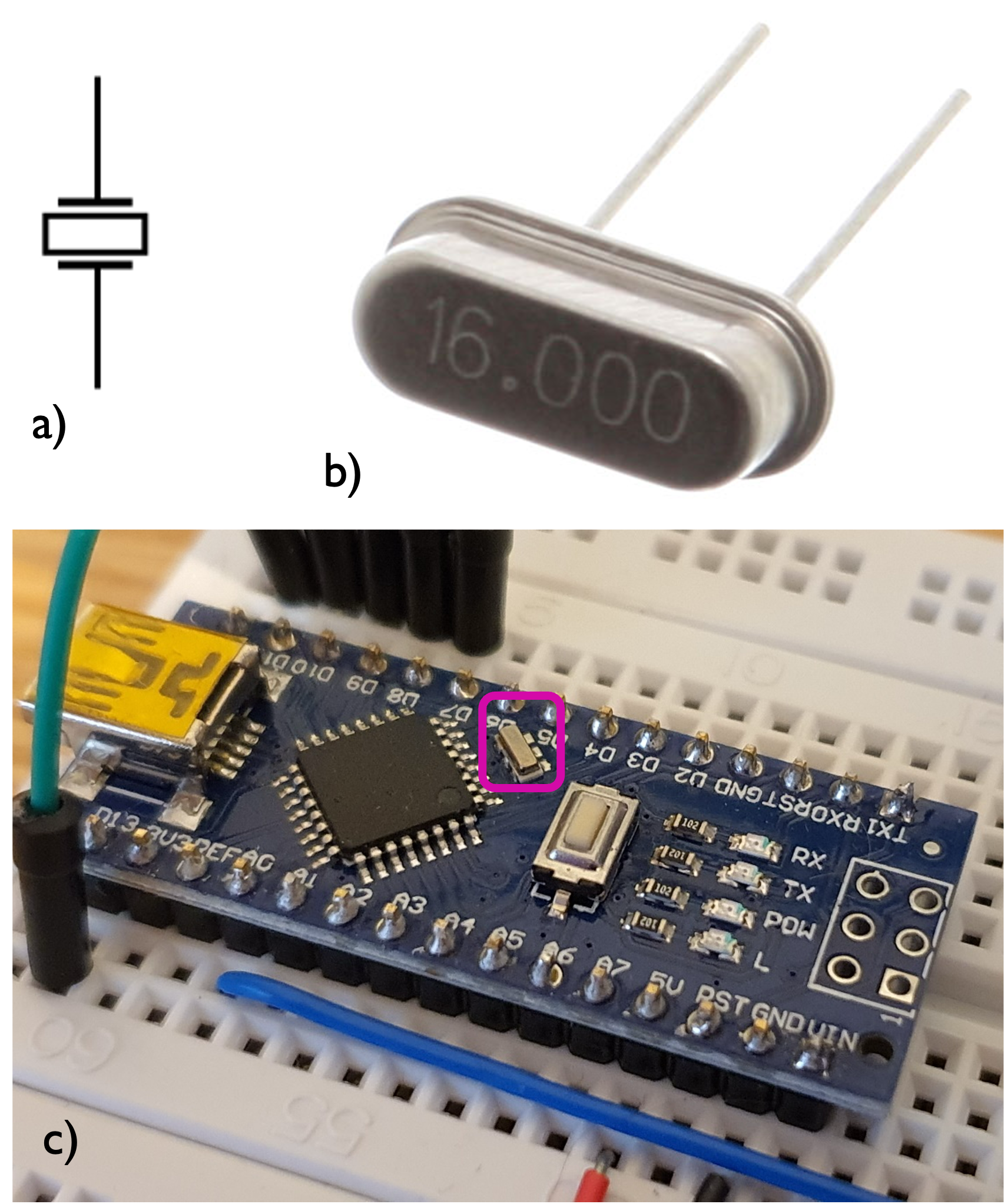 Images of the crystal oscillators used with microcontrollers.