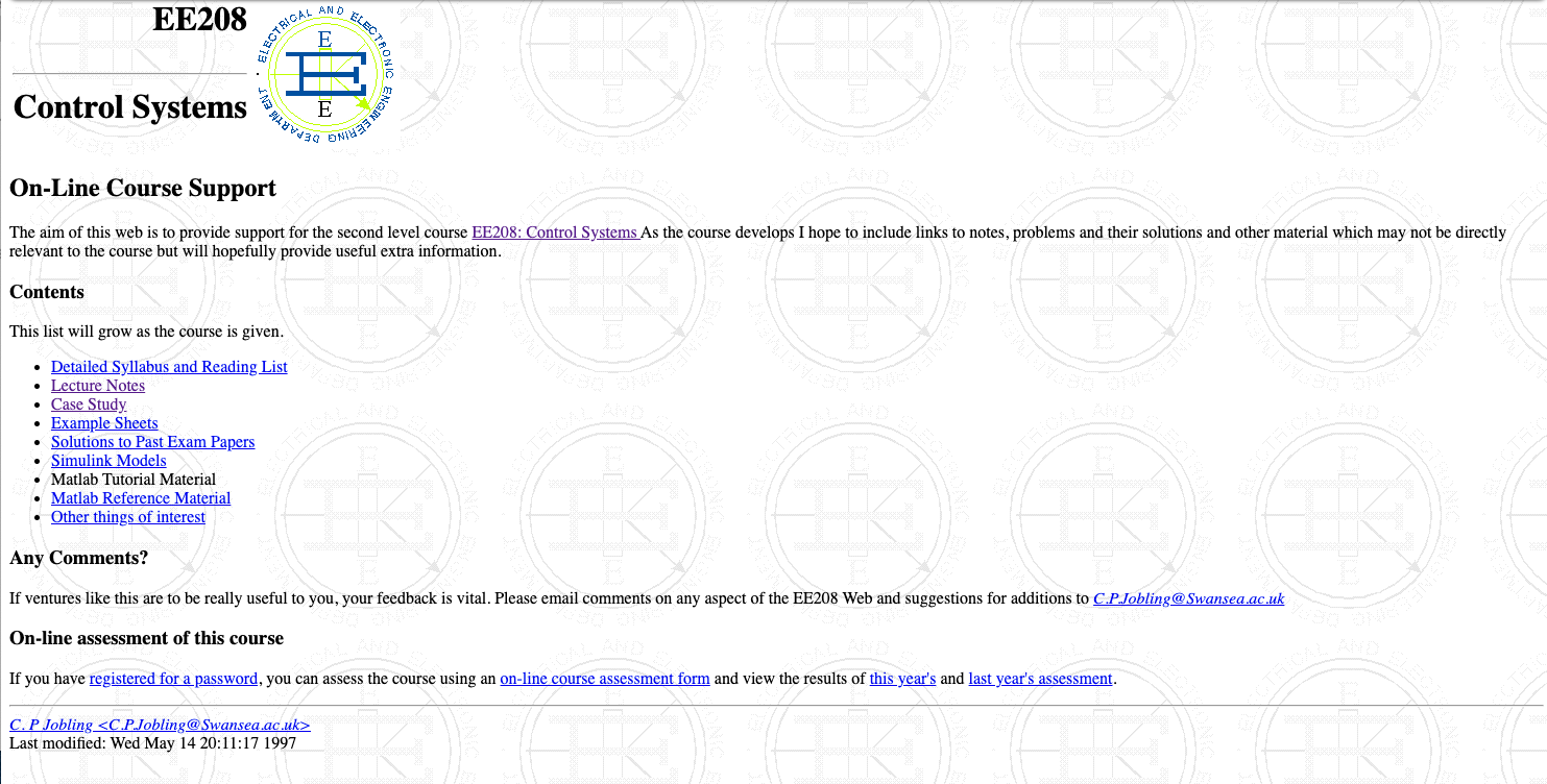 Screen grab of EE208 Control Systems Website circa 1997