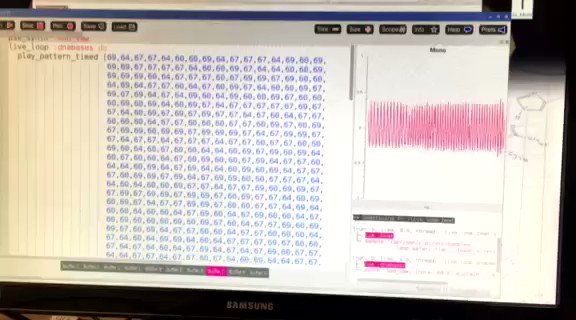 The sound of Vitamin C DNA code translated through #SonicPi. Thanks @4273pi! #ALD17 #AdaLovelaceDay https://t.co/5StVkYRl66