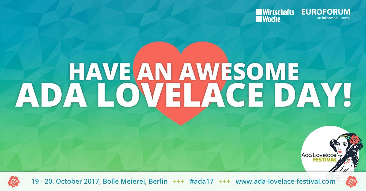 To all of you #WomenInSTEM, #WomenInTech, #WomenInEngineering: Have an awesome #ALD17!
#ada17 #AdaLovelaceDay17 #AdaLovelaceDay #AdaLovelace https://t.co/gz5gASw0KJ