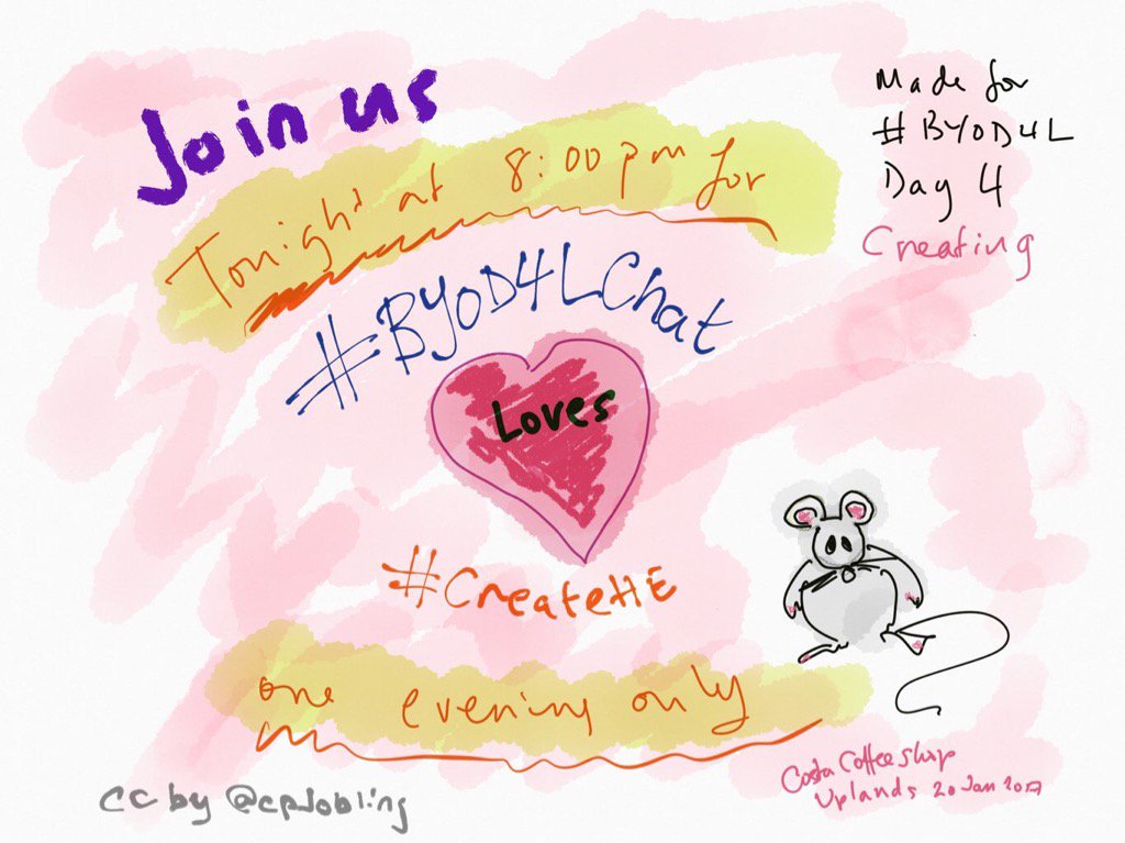 Join @chrissinerantzi and @BYOD4L for a creative conclusion to #BYOD4L and #creativeHE. 8:00 PM hashtag #byod4lchat https://t.co/M7Gdt3X6od