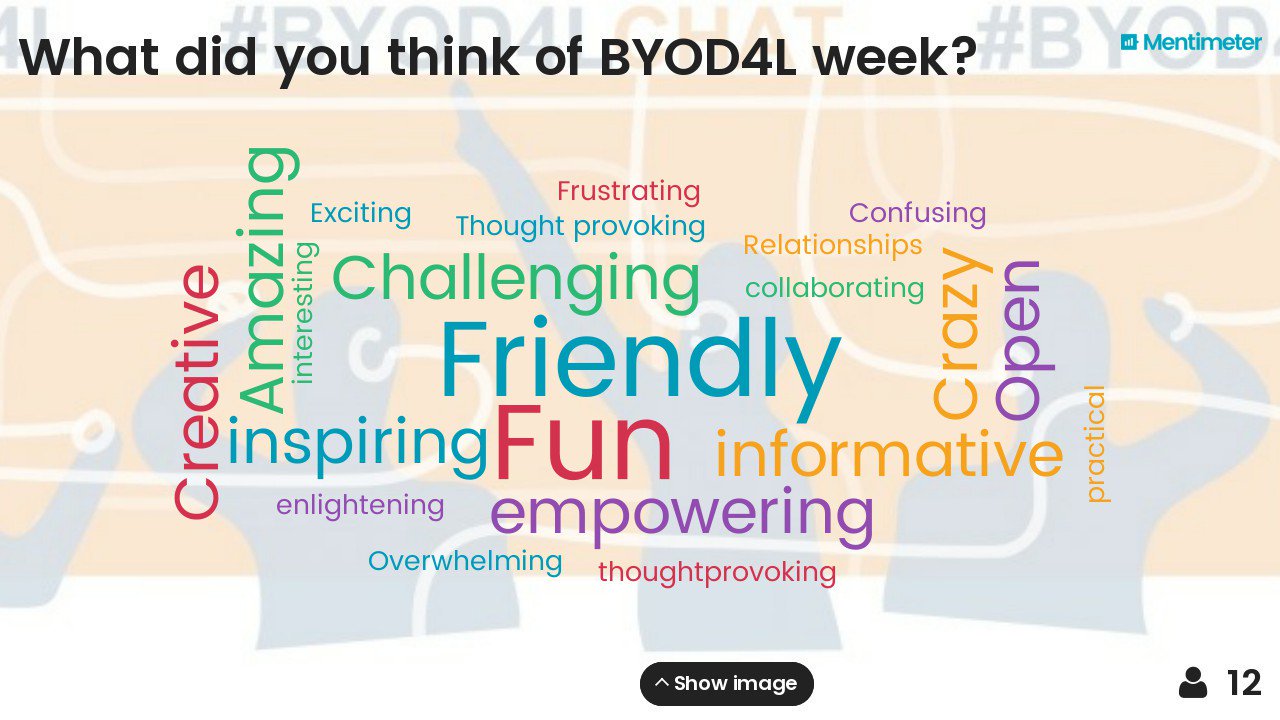The word cloud is looking good for #BYOD4L #BYOD4Lchat experiences. There's still time to add your words at https://t.co/iwaqJ7TvnM https://t.co/KpCS22nkoC