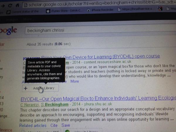 #byod4lchat Colwiz feature on google scholar +add to library button which adds to your Colwiz http://t.co/80xVnnZkKV