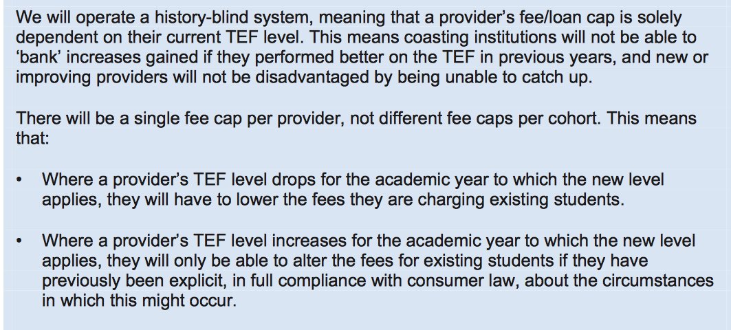 Like much of the #HEWhitePaper - the #TEF is to be 'history-blind', with fees going up and down across the provider https://t.co/xLewjCtjBr