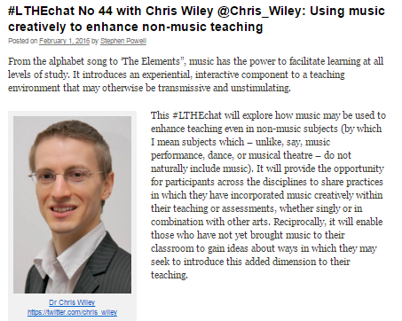 Twlisten in tonight! 8pm @Chris_Wiley & #LTHEchat 'Using music creatively to enhance non-music teaching' #edtech https://t.co/QiPqwYLS4M