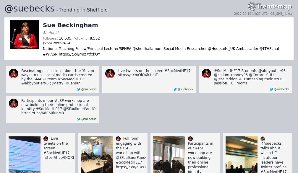 Sue Beckingham, @suebecks is now trending in #Sheffield

https://t.co/T66GDyOALP https://t.co/JFhziD8Lp5